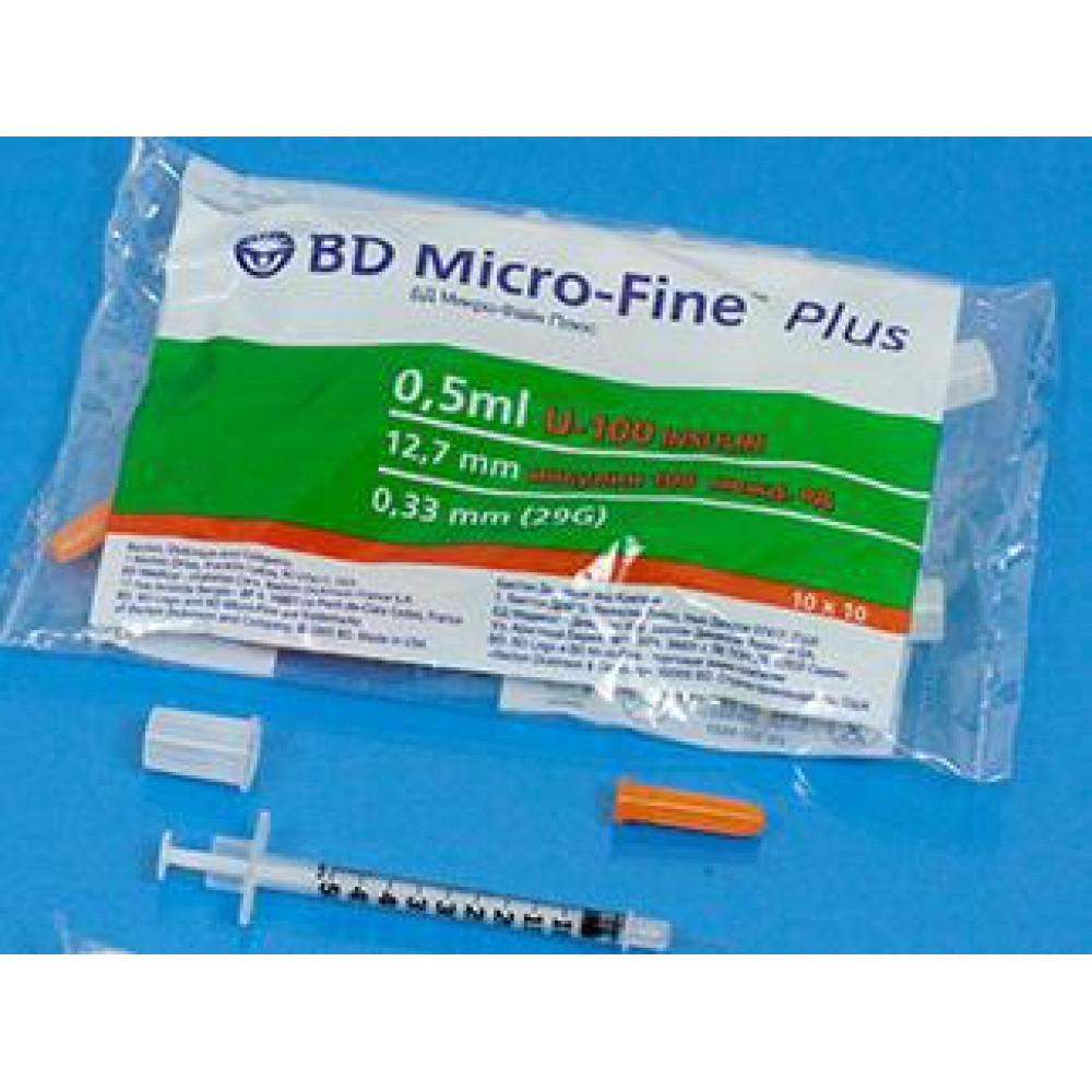 bd micro-fine+ шприц инсулиновый 0.5мл 100ме u-100 n10 с иглой 29g
